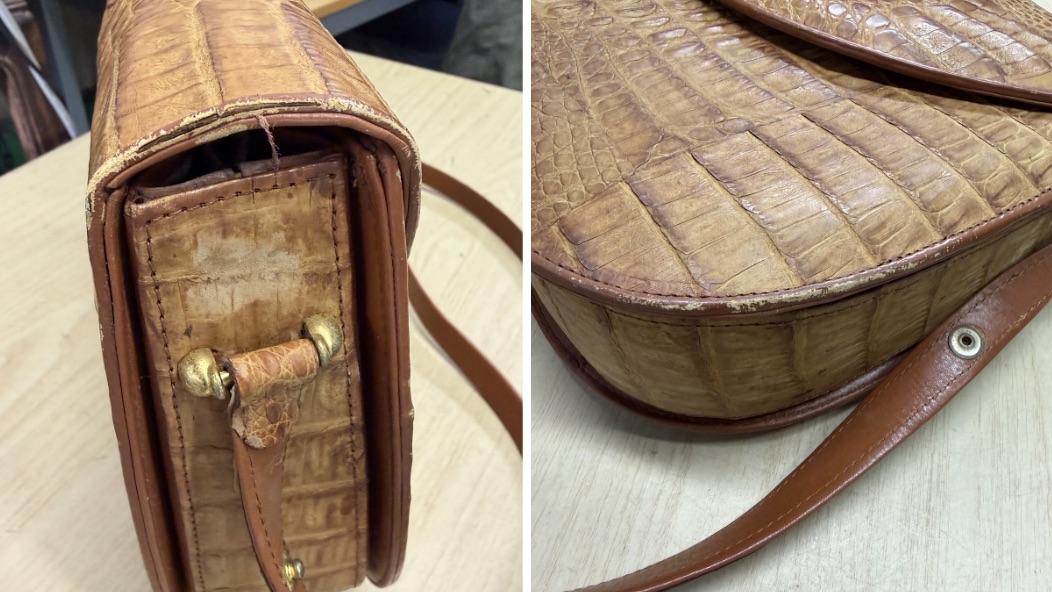 革が削れて一部が剥がれてしまっているバッグの外側