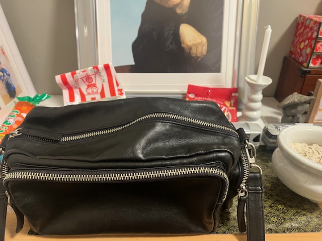 綺麗になったバッグをお父様の遺影に見せている様子