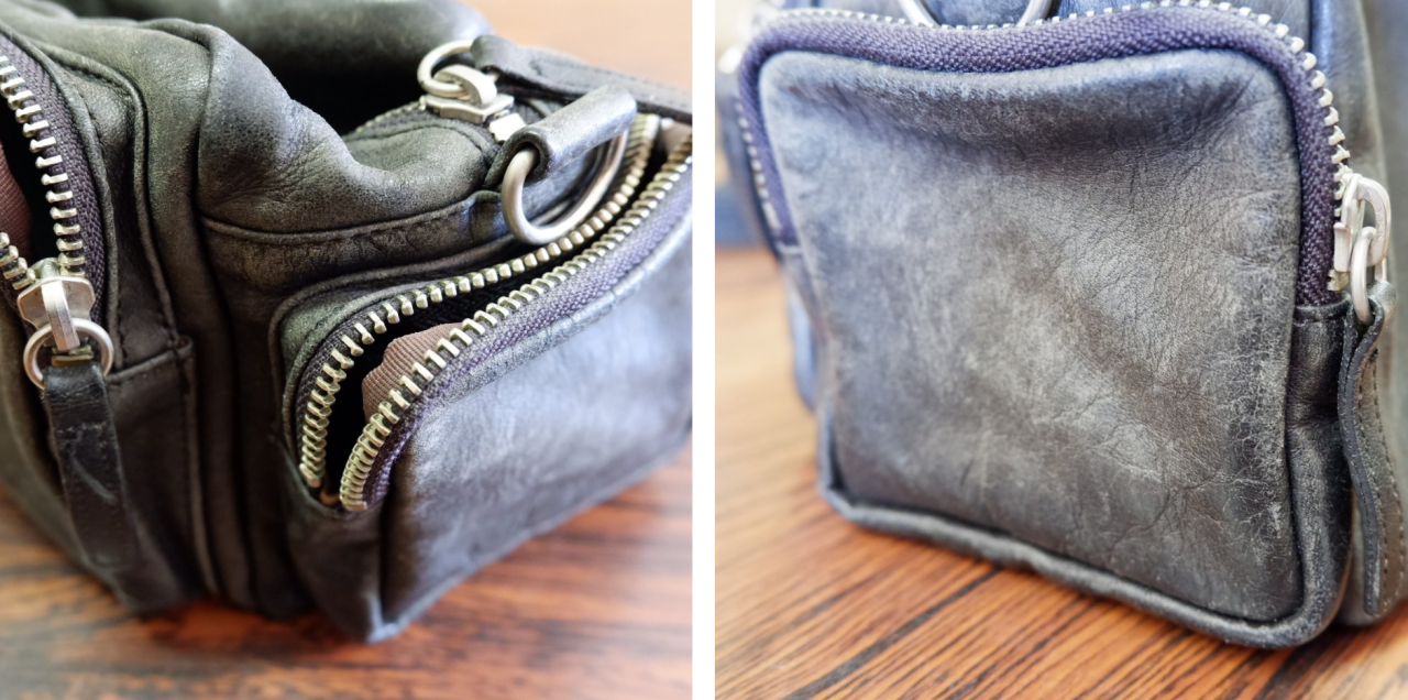 経年劣化により全体的に革が傷み、型崩れが起きている様子