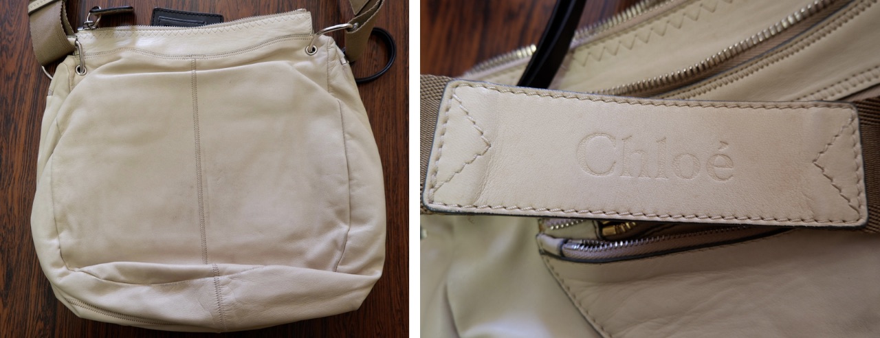 クリーニング前：バッグ背面全体の汚れと、クロエのロゴ刻印部分に付着した汚れのアップ