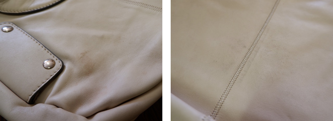 クリーニング前：バッグ背面に広がる黒い擦れ汚れのアップ