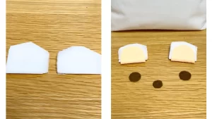 こげ茶フェルトで目と鼻のパーツを作る工程